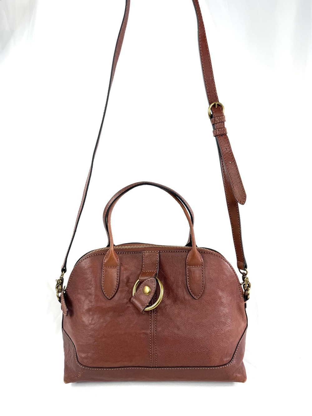 Frye Ring Dome Satchel Cognac Leather Medium Shoulder Crossbody Bag Brass Ring